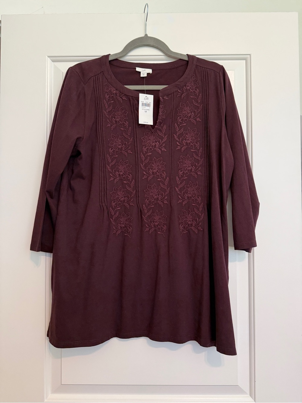 J. Jill NWT Spiced Wine Plum Floral Embroidered 3/4 Sleeve Top Tunic Medium